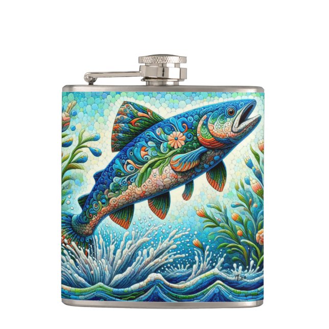 Salmon Jumping Mosaic Floral Blue Green Peach Hip Flask (Front)