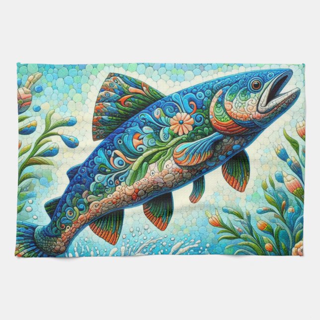 Salmon Jumping Mosaic Floral Blue Green Peach Kitchen Towel (Horizontal)