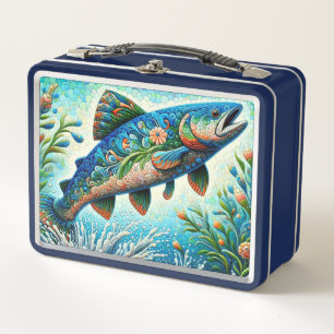 Salmon Jumping Mosaic Floral Blue Green Peach Metal Lunch Box