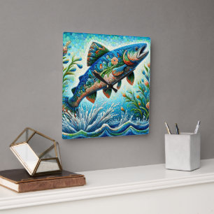 Salmon Jumping Mosaic Floral Blue Green Peach Square Wall Clock