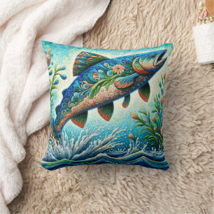 Salmon Jumping Mosaic Floral Blue Green Peach Throw Pillow