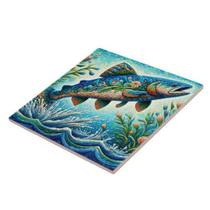 Salmon Jumping Mosaic Floral Blue Green Peach Tile