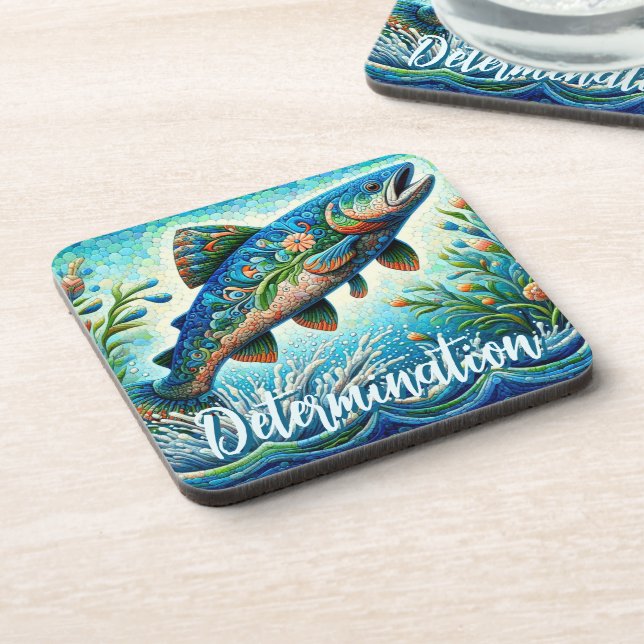 Salmon Jumping Mosaic Floral Blue Personalized Coaster (Left Side)