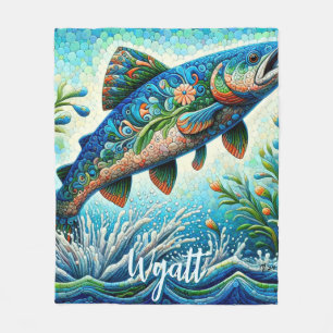 Salmon Jumping Mosaic Floral Blue Personalized Fleece Blanket