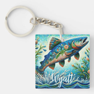 Salmon Jumping Mosaic Floral Blue Personalized Keychain
