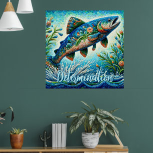 Salmon Jumping Mosaic Floral Blue Personalized Poster