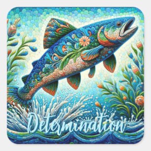 Salmon Jumping Mosaic Floral Blue Personalized Square Sticker