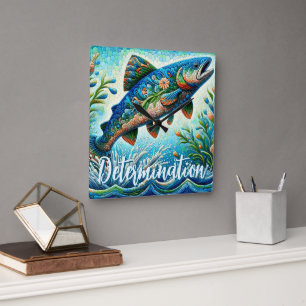 Salmon Jumping Mosaic Floral Blue Personalized Square Wall Clock