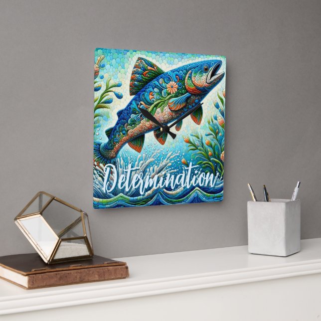 Salmon Jumping Mosaic Floral Blue Personalized Square Wall Clock (Office)