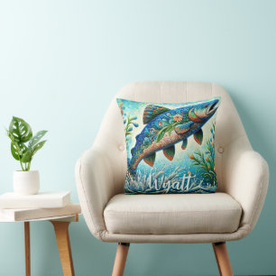 Salmon Jumping Mosaic Floral Blue Personalized Throw Pillow