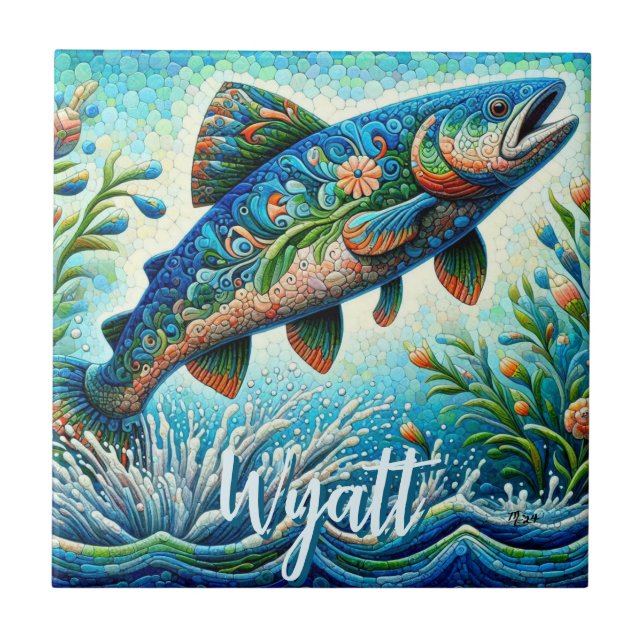 Salmon Jumping Mosaic Floral Blue Personalized Tile (Front)