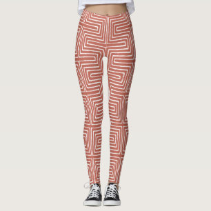 Salmon Orange and White Maze African Mud Cloth Leggings