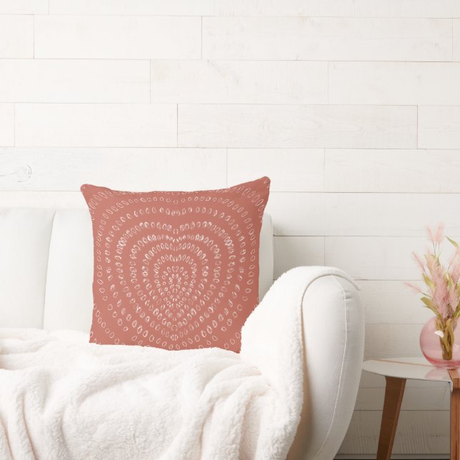 Salmon Orange Concentric White Hearts Boho Throw Pillow (Couch)