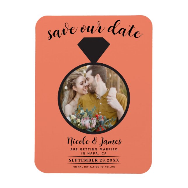 Salmon Orange Wedding Ring Photo Save the Date Magnet (Vertical)