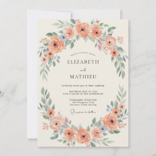 Salmon Peony Wreath Wedding Invitation