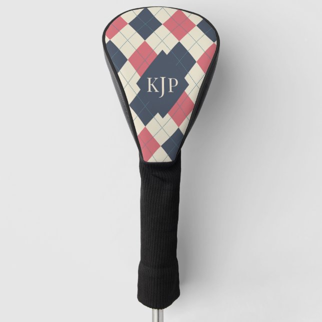 Salmon Pink and Navy Argyle Pattern Golf Head Cover (Front)