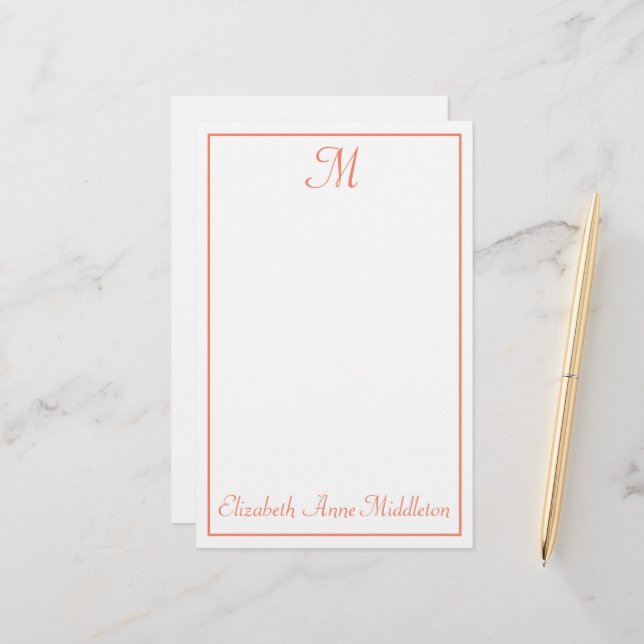 Salmon Pink and White Monogram Stationery (Front/Back In Situ)