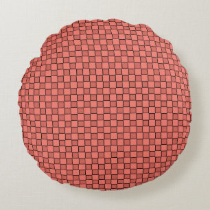 Salmon Pink Black Chequerboard Pattern Round Pillow