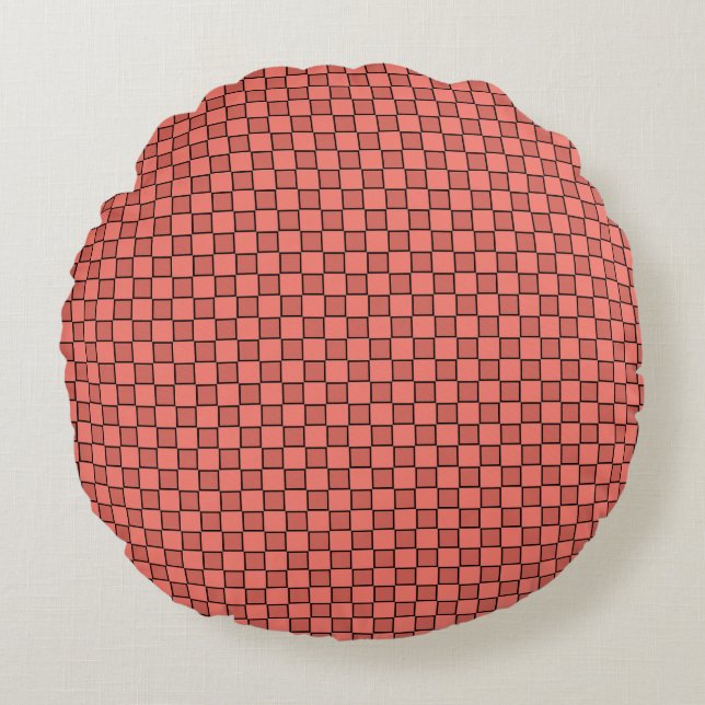 Salmon Pink Black Chequerboard Pattern Round Pillow (Front)