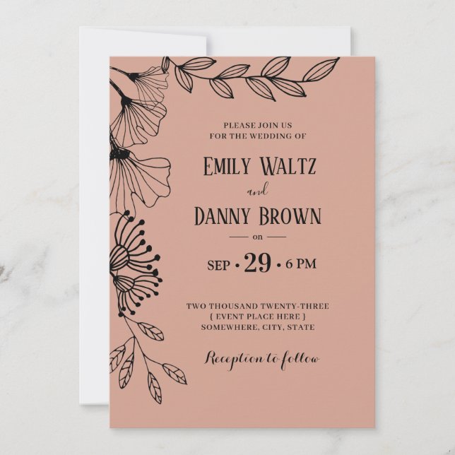 Salmon Pink Botanical Simple Doodle Floral Wedding Invitation (Front)