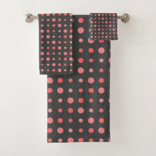 Salmon, pink dots on Grey Bath Towel Set