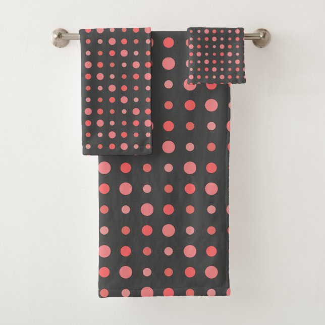 Salmon, pink dots on Grey Bath Towel Set (Insitu)