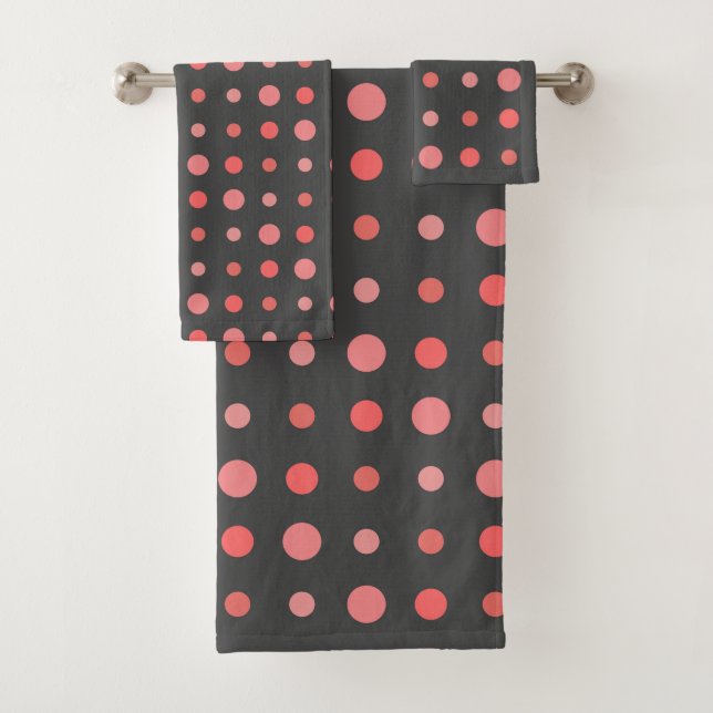 Salmon, pink dots on Grey Bath Towel Set (Insitu)