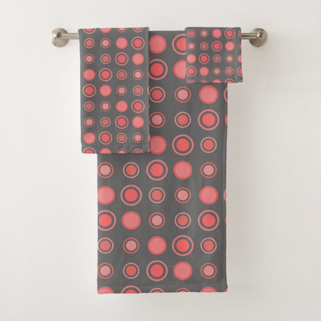 Salmon, pink dots on Grey Bath Towel Set (Insitu)