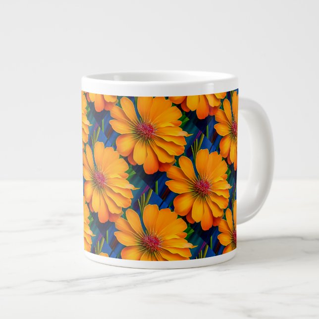 Salmon Pink Floral Pattern Large Coffee Mug (Front Right)