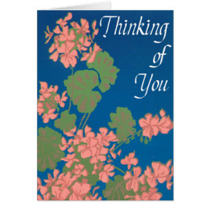 Salmon Pink Geraniums on Blue Thinking of You