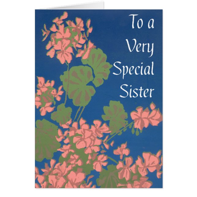 Salmon Pink Geraniums on Deep Blue for Sister (Front)