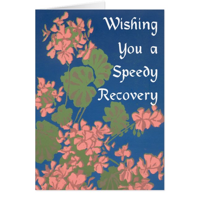 Salmon Pink Geraniums on Deep Blue Get Well (Front)