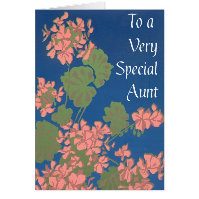 Salmon Pink Geraniums on Deep Blue, Special Aunt (Front)