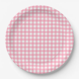 Salmon Pink Gingham Plaid Paper Plate