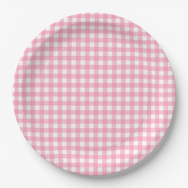 Salmon Pink Gingham Plaid Paper Plate (Front)