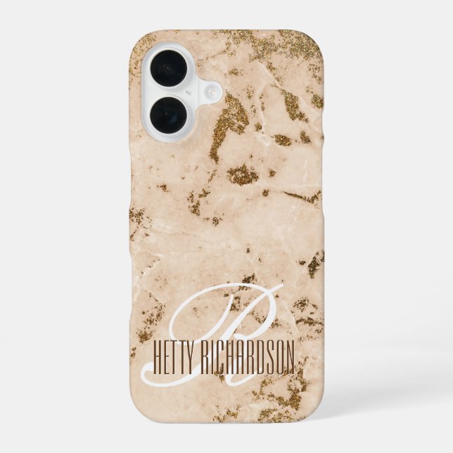 Salmon Pink Glam Marble Effect Glitter Pattern iPhone 16 Case (Back)