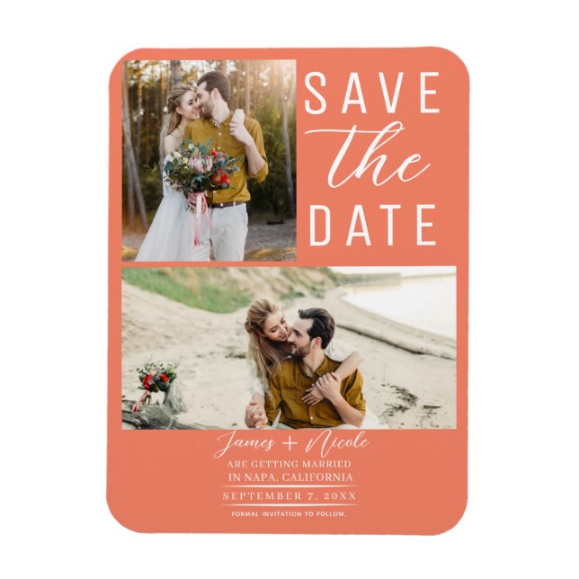 Salmon Pink Orange 2 Photos Save the Date Wedding Magnet (Vertical)