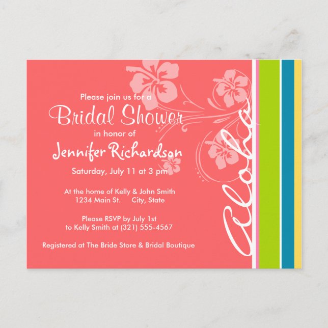Salmon Pink & Seafoam Green Striped: Aloha Invitation Postcard (Front)