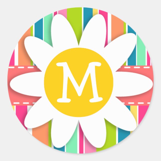 Salmon Pink & Seafoam Green Striped; Daisy Classic Round Sticker (Front)
