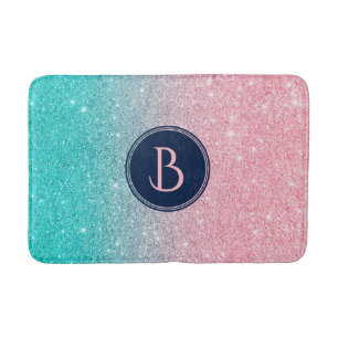 Salmon Pink & Turquoise Faux Glitter Bath Mat