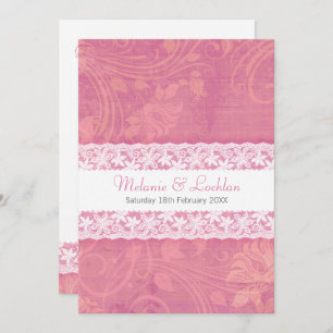 Salmon pink white lace formal wedding invitation