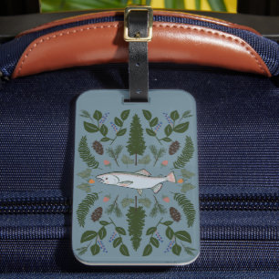 Salmon PNW Nature Fir Ferns Berries Foraging Feast Luggage Tag