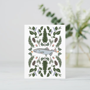 Salmon PNW Nature Fir Ferns Berries Foraging Feast Postcard