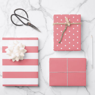 Salmon Polka Dot Wide Striped and Solid Wrapping Paper Sheet