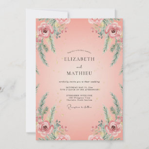 Salmon Ranunculus Foliage Eucalyptus Wedding Invitation
