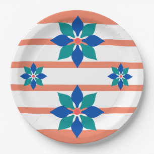 Salmon Red and white stripes and blue flowers Paper Plate