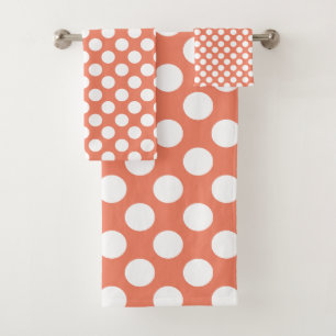 Salmon red: Large white Polka Dot Pattern Bath Towel Set