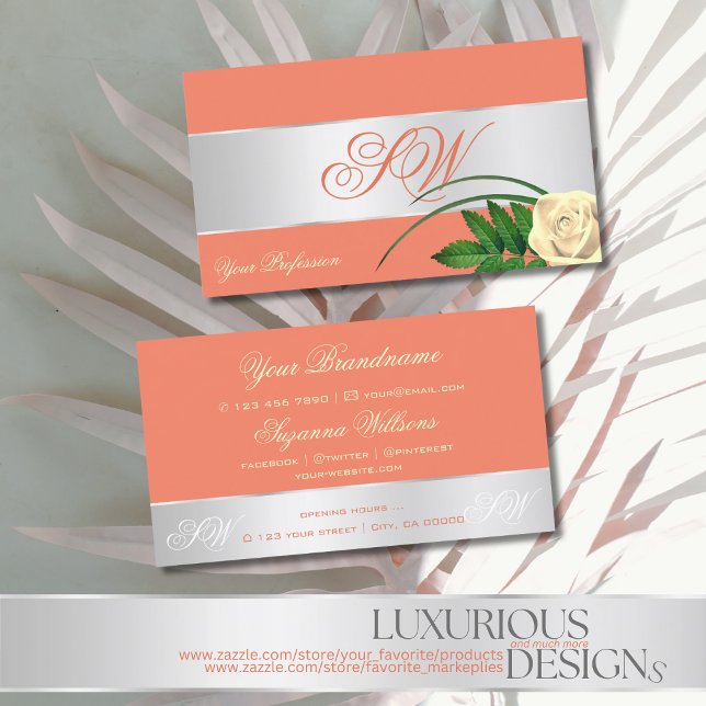 Salmon Silver Decor Cute Rose Flower with Monogram Business Card (Creator Uploaded)