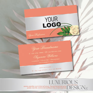 Salmon Silver Decor Gorgeous Rose Flower with Logo Business Card