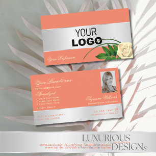 Salmon Silver Decor Rose Flower add Logo and Photo Business Card